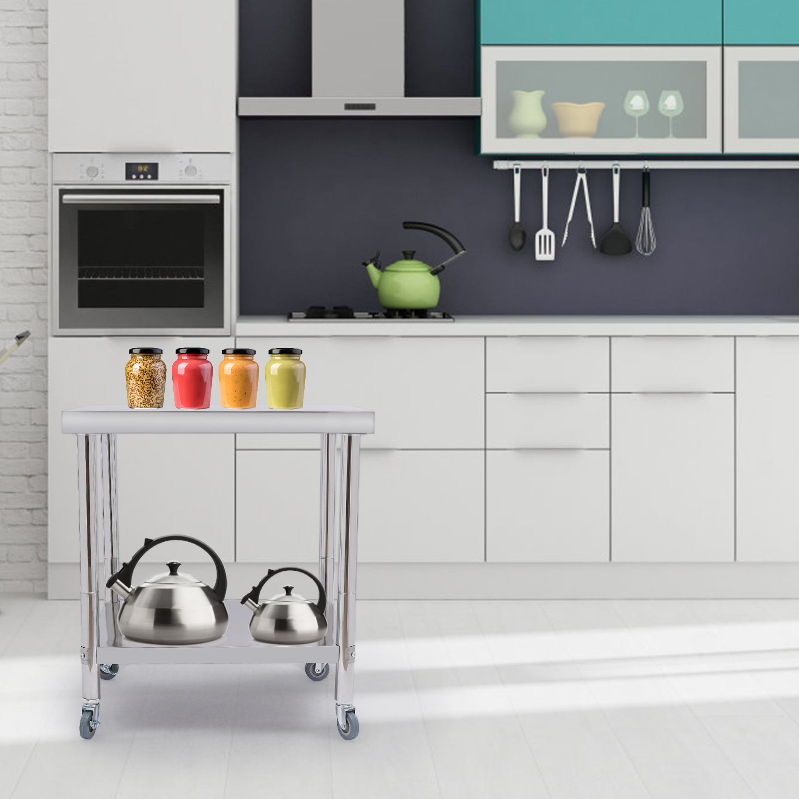 Mesa de trabalho de aço inoxidável, bancada de duas camadas com quatro rodízios práticos para preparação de alimentos e armazenamento de itens