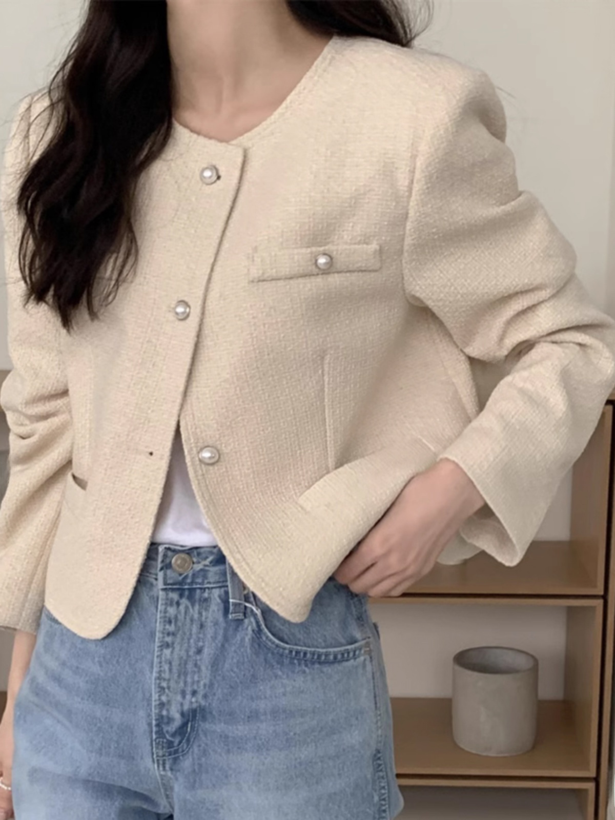 Chic Coarse Weave Short Thin Bubble Sleeve round Neck Button up Outerwear for Women Slish Commute Loose Fit Autumn Top