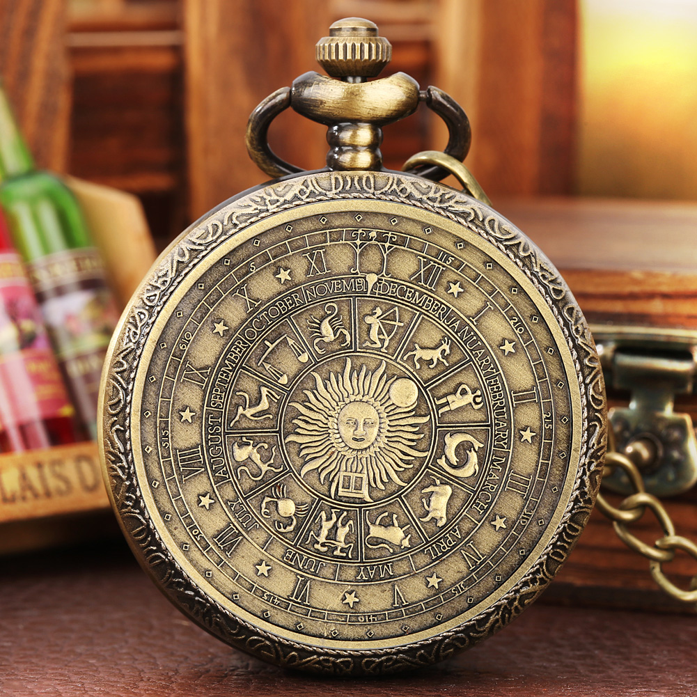 Bronze Vintage Tarot Commemorative Pattern Pocket Watch Constellation Lucky Sun Moon Necklace Memorial For Male Kids Relogio Saa