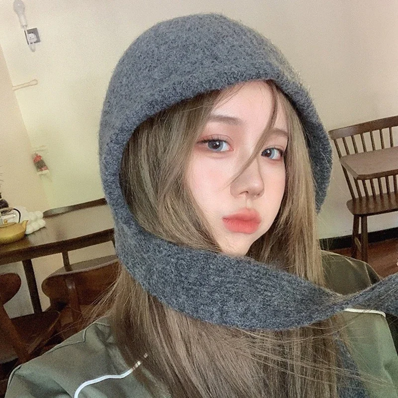 Coreia bonito feminino malha capuz cachecol pequeno chapéu vermelho quente proteção de orelha frio à prova de vento boné inverno moda lã pulôver chapéu