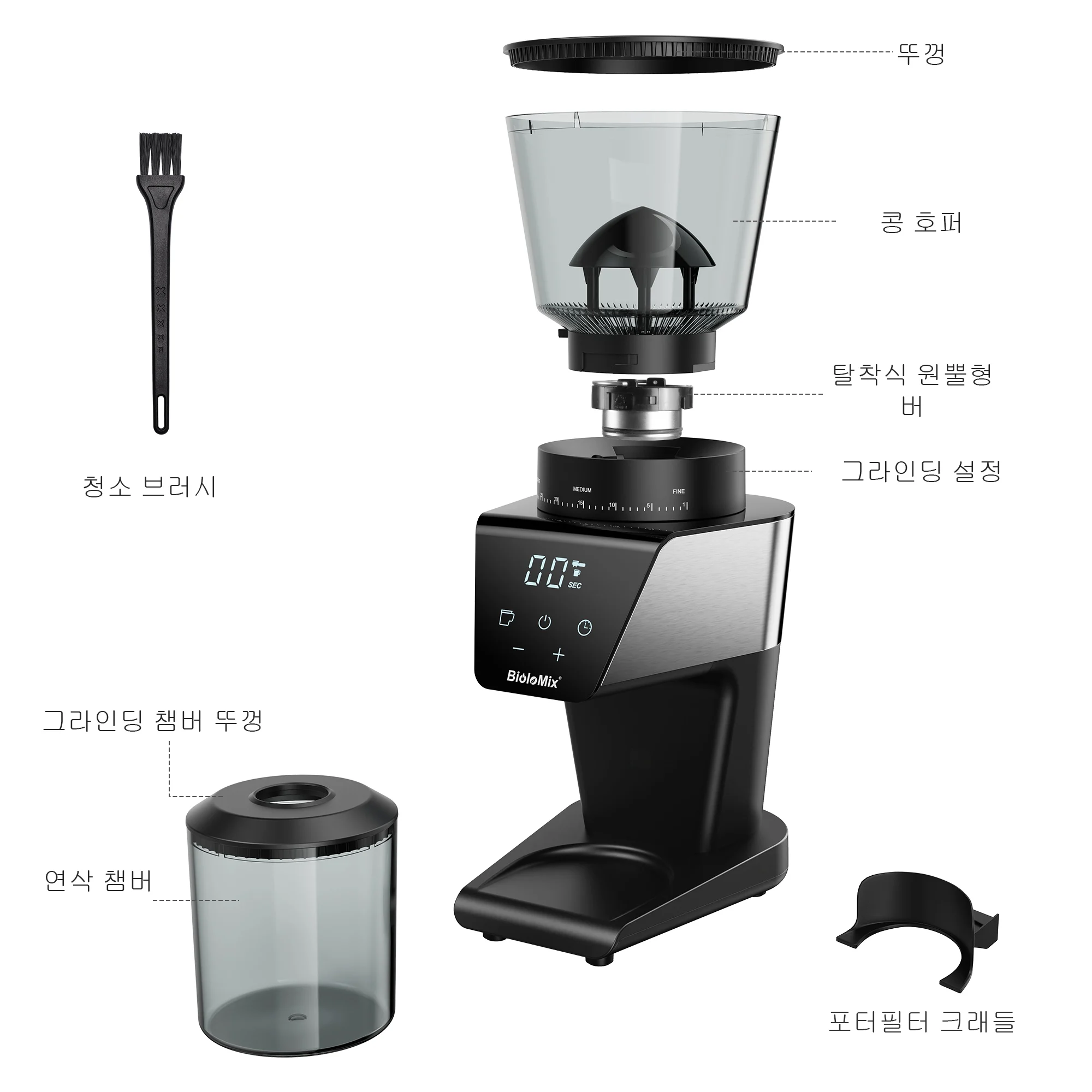 BioloMix 자동 버 밀 전기 커피 그라인더, 30 기어, 에스프레소 아메리칸 커피 붓기, 비주얼 원두 보관용