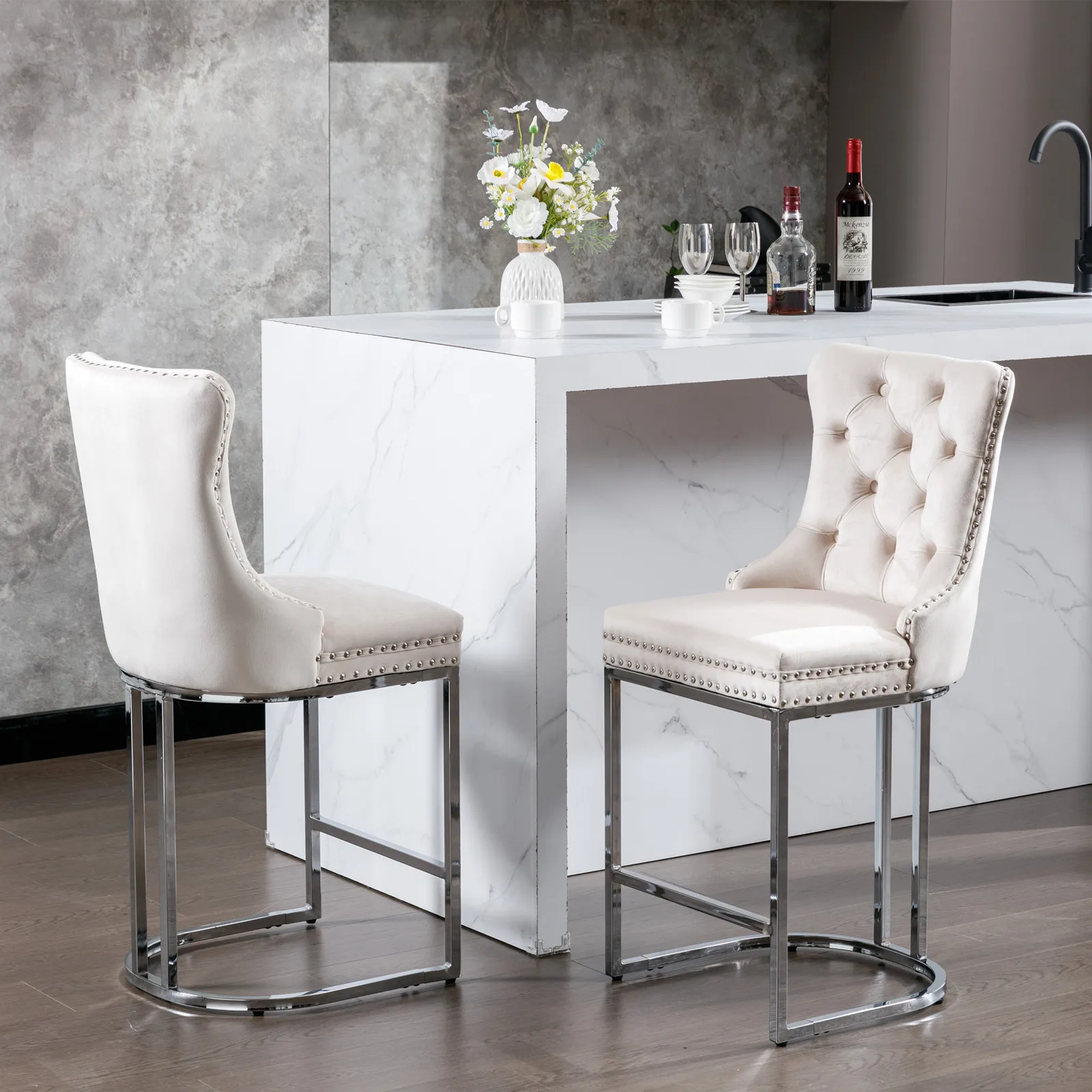2Pcs 26" Counter Height Dining Chairs Upholstered Soft Backrest Cushions Chairs Bar Stools For Living Room Kitchen Dining Room