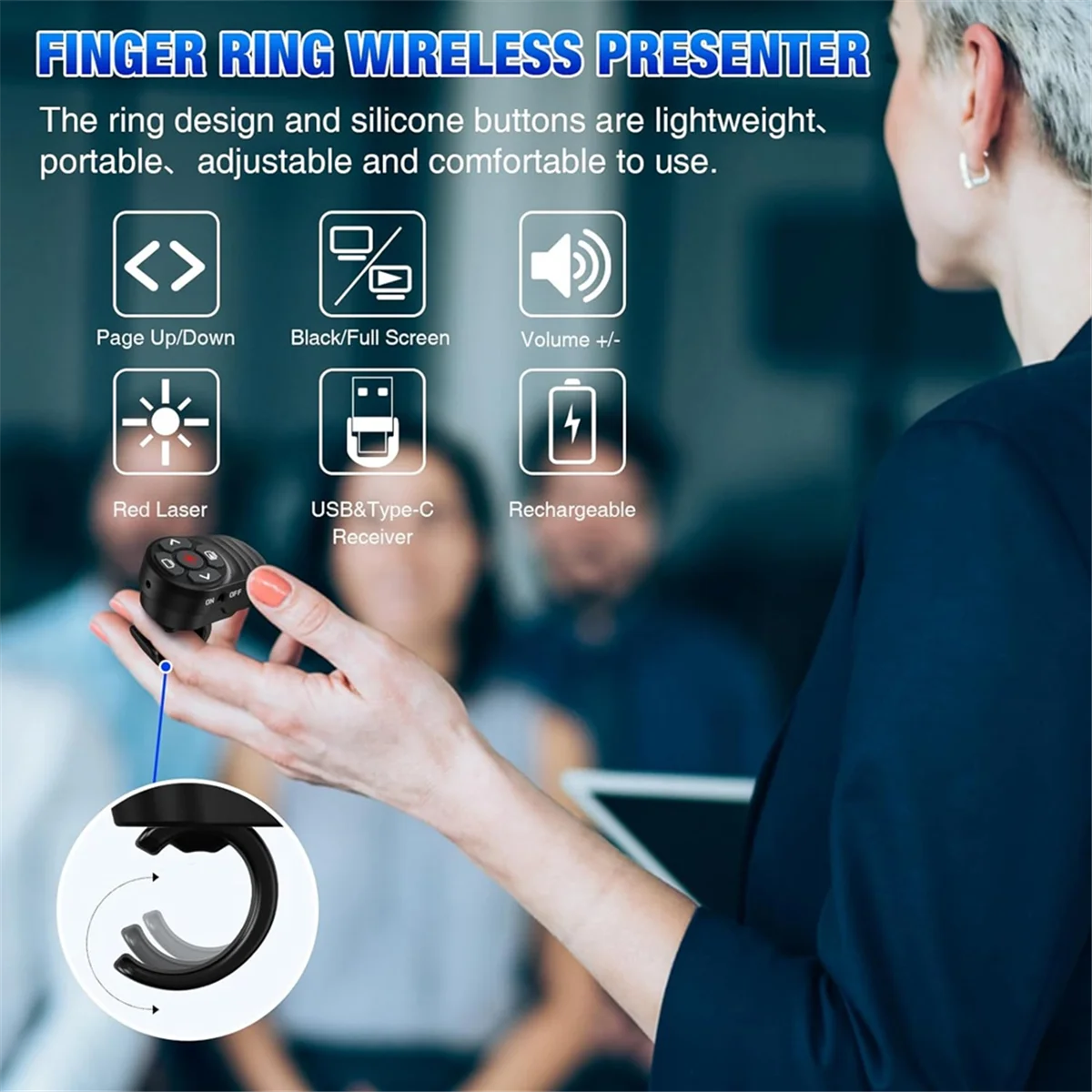 Clicker de apresentação sem fio recarregável usb tipo c aa91, apresentação de anel de dedo powerpoint clicker com ponteiro de luz