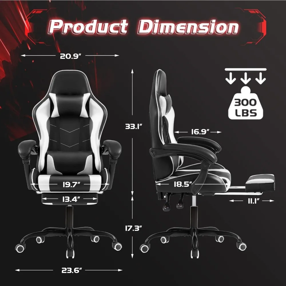 Gaming Chair with Footrest and Massage Lumbar Support, Video Game Chairs 360°Swivel and Height Adjustable Seat