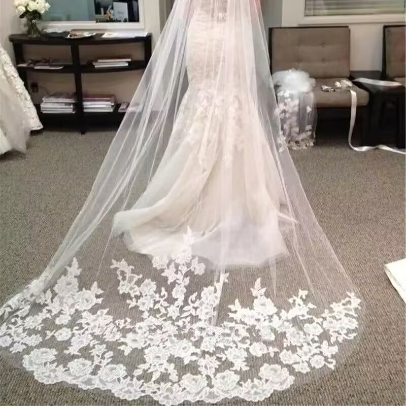 Wedding Veil Cathedral Lace Long Voile Mariage White Ivory Bride Wedding Accessories One-layer 3meters Veu De Noiva L
