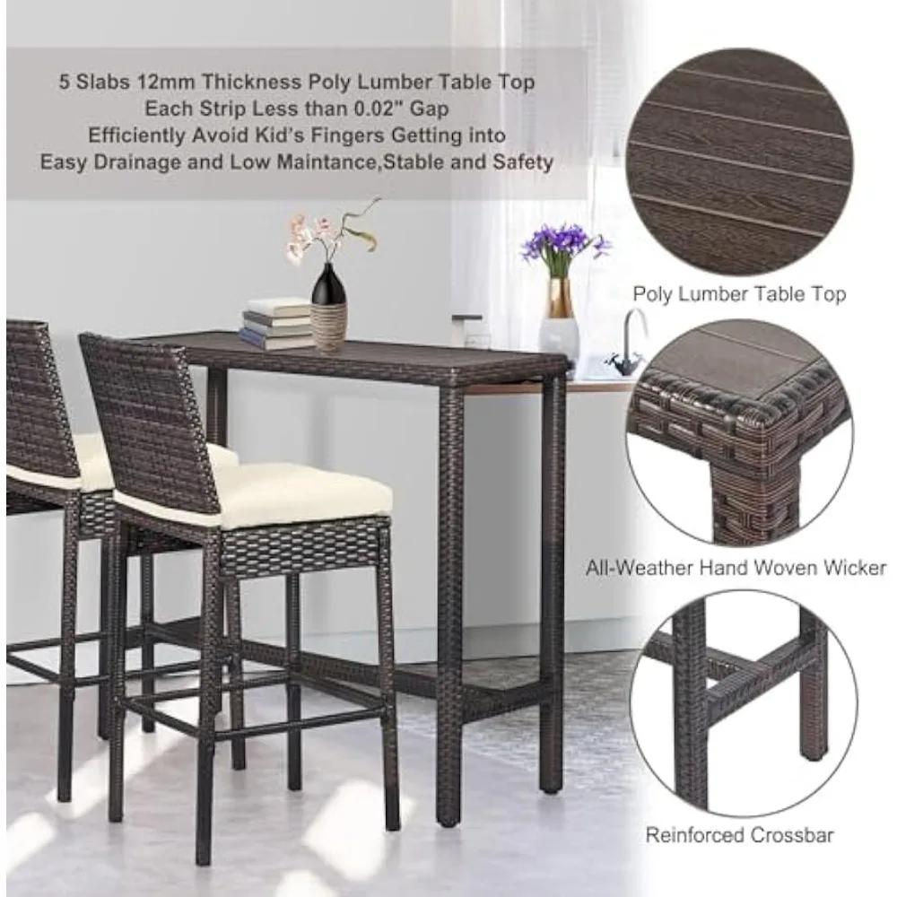 Outdoor Bar Set for Patio 3pcs Outdoor Bar Table and Chairs Set All Weather Bar Height High Top Outdoor Table and Chairs Wicker