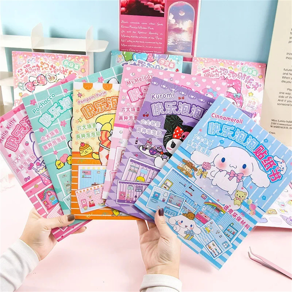 Sanrio livro silencioso bolha olá kitty cinnamoroll kuromi minha melodia pochacco brinquedo dos desenhos animados paisagem adesivo livro crianças brinquedos