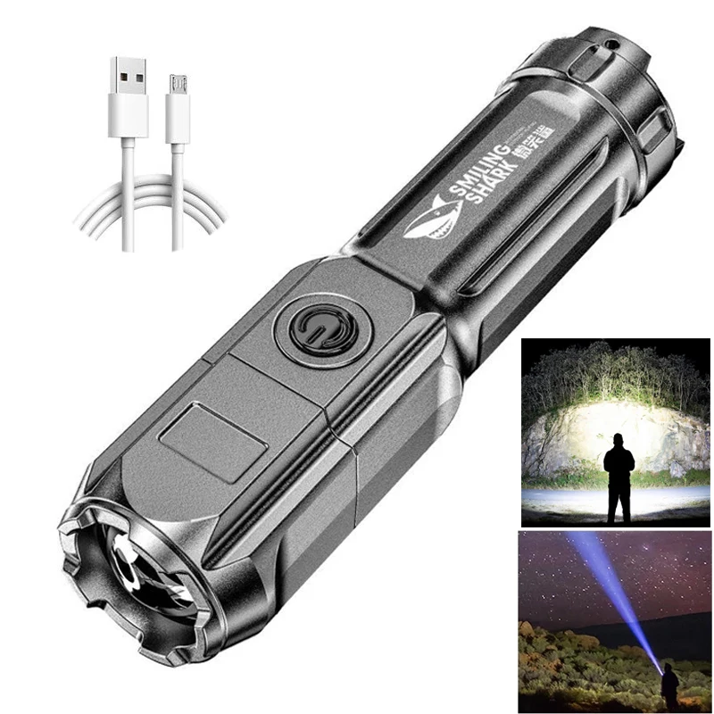 USB Di Động Sạc Đèn Pin LED Mạnh Đèn Ngủ Zoom Nổi Bật Đèn Cắm Trại Ngoài Trời Câu Cá Ban Đêm Chiếu Sáng Dụng Cụ