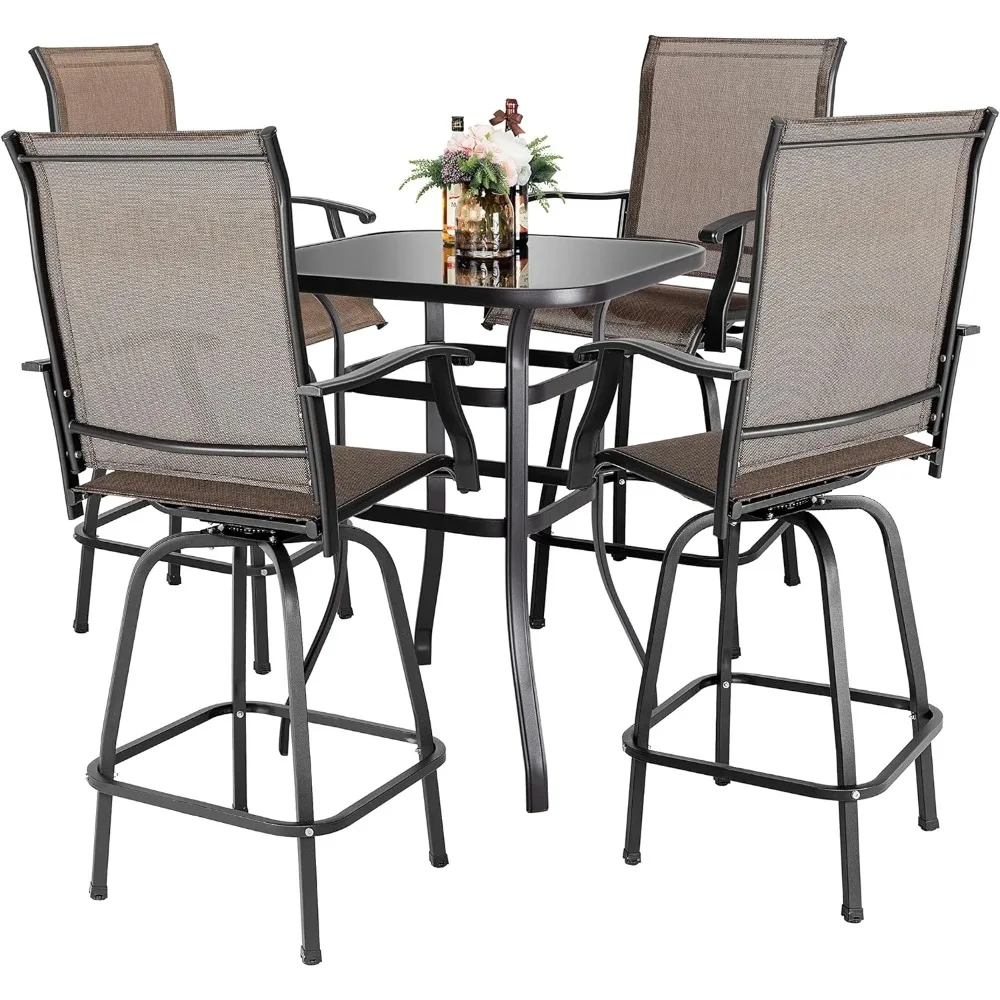 Patio Bar Set with Square Silk Screen Bar Height Glass Table and 4 Counter Textilene Height Swivel Chairs for Patio Yard,Outdoor