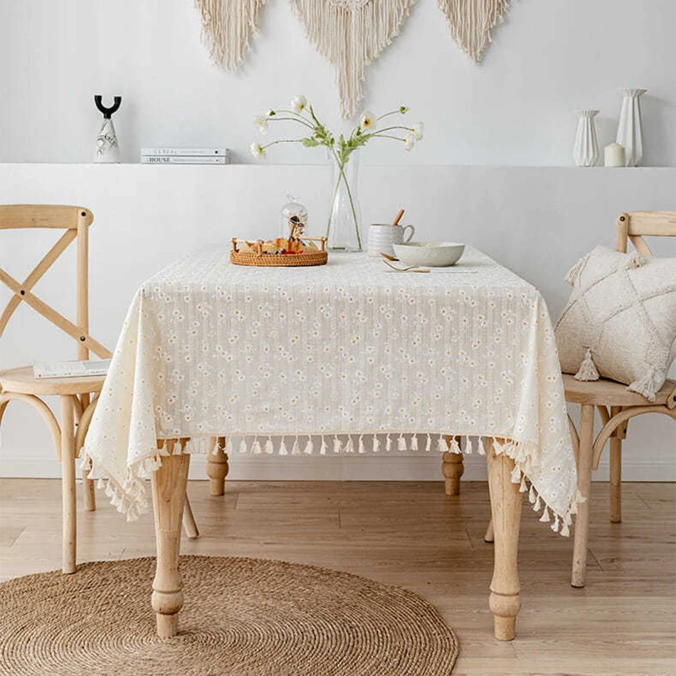 Toalha de mesa floral de algodão com margaridas pequenas estilo coreano, decoração de mesa de chá, capa de mesa retangular para cozinha, casamento, sala de jantar