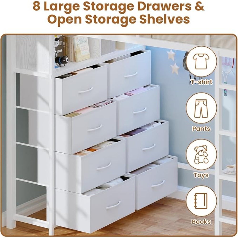 Twin Loft Bed with Desk & 8 Drawers Tall Dresser, Metal Loft Bed with LED Lights & Charging Station, 2-Tier Storage Shelves