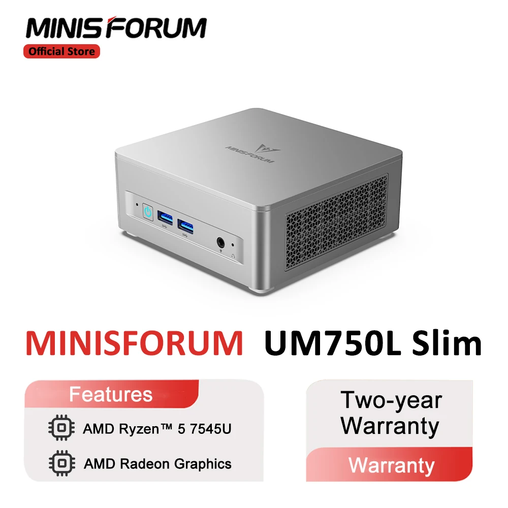MINISFORUM Mini PC UM750L Slim AMD Ryzen 5 7545U Mini PC Windows 11 Pro LPDDR5 16GB 1TB SSD Obsługa DP WiFi 6E Komputer do gier