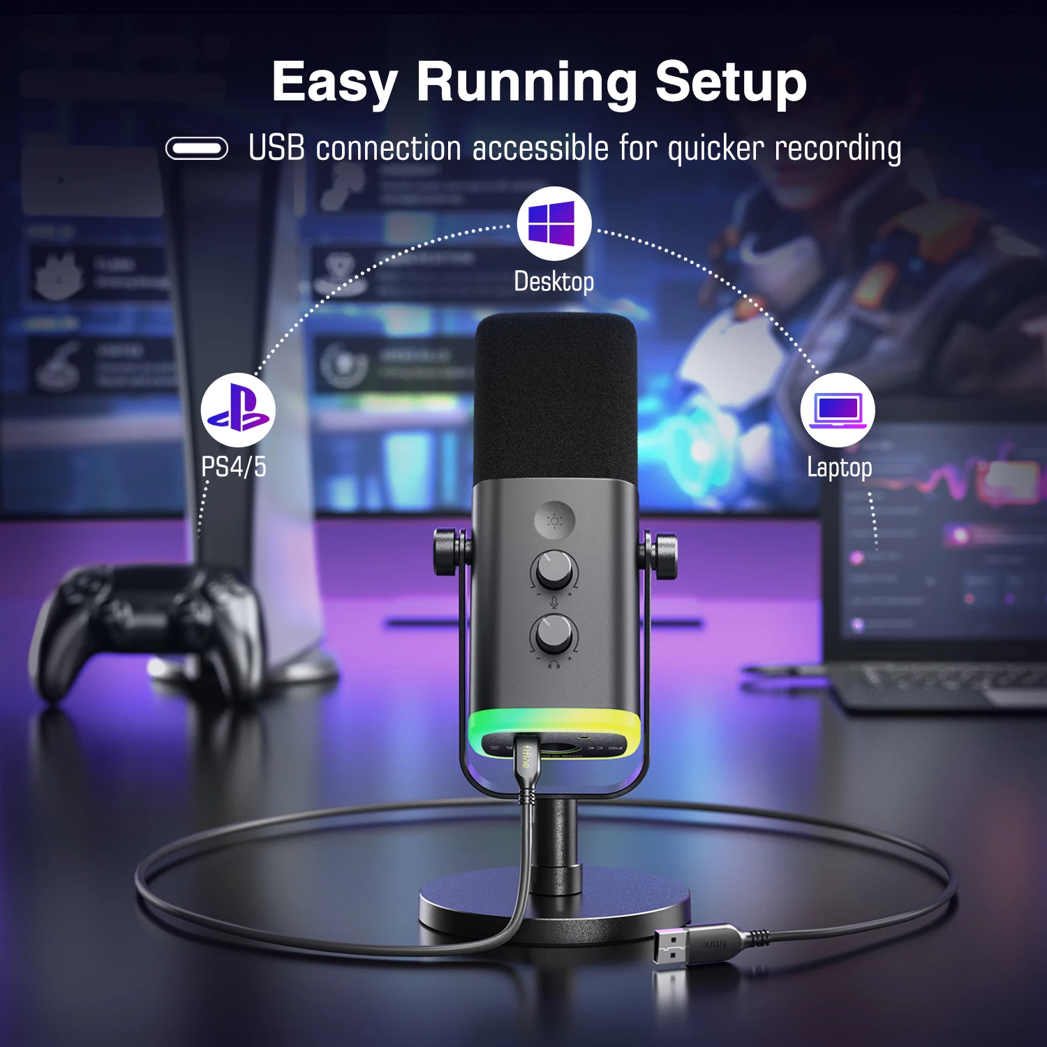 Fifine microfone dinâmico usb/xlr com controle rgb/jack de fone de ouvido/mudo, microfone para gravação de jogos de pc streaming AmpliGame-AM8