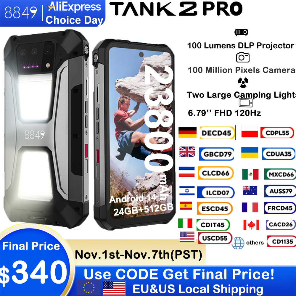 8849 Tank 2 PRO Rugged Smartphone with Projector  6.79" 2.4K Display 24GB 512GB Mobile Phone 23800mAh 120W Android 14 Phone