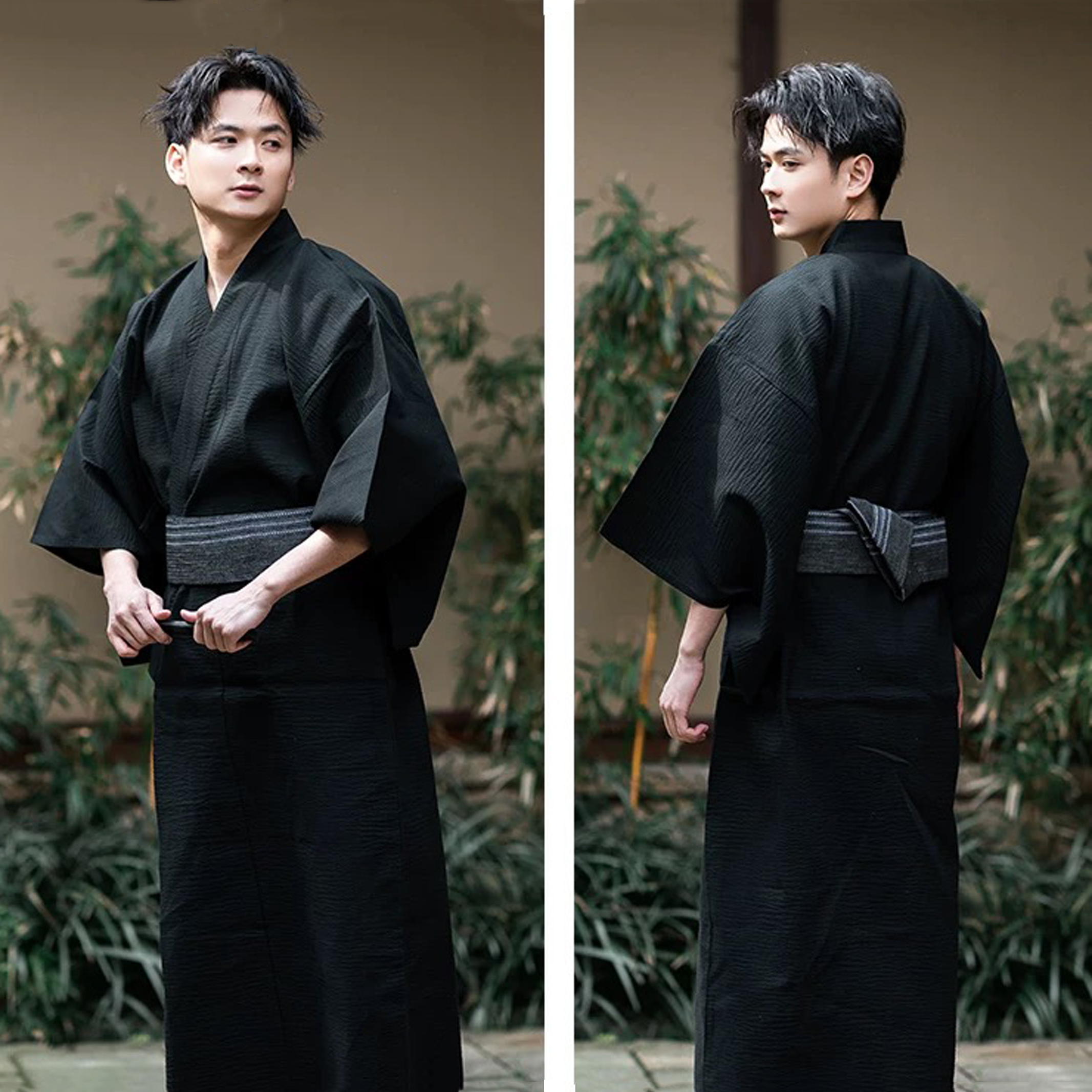 Verano azul marino japonés tradicional Samurai Kimono para hombres Yukata bata de baño Hekoobi estilo suelto ropa de casa cinturón vestido largo de algodón