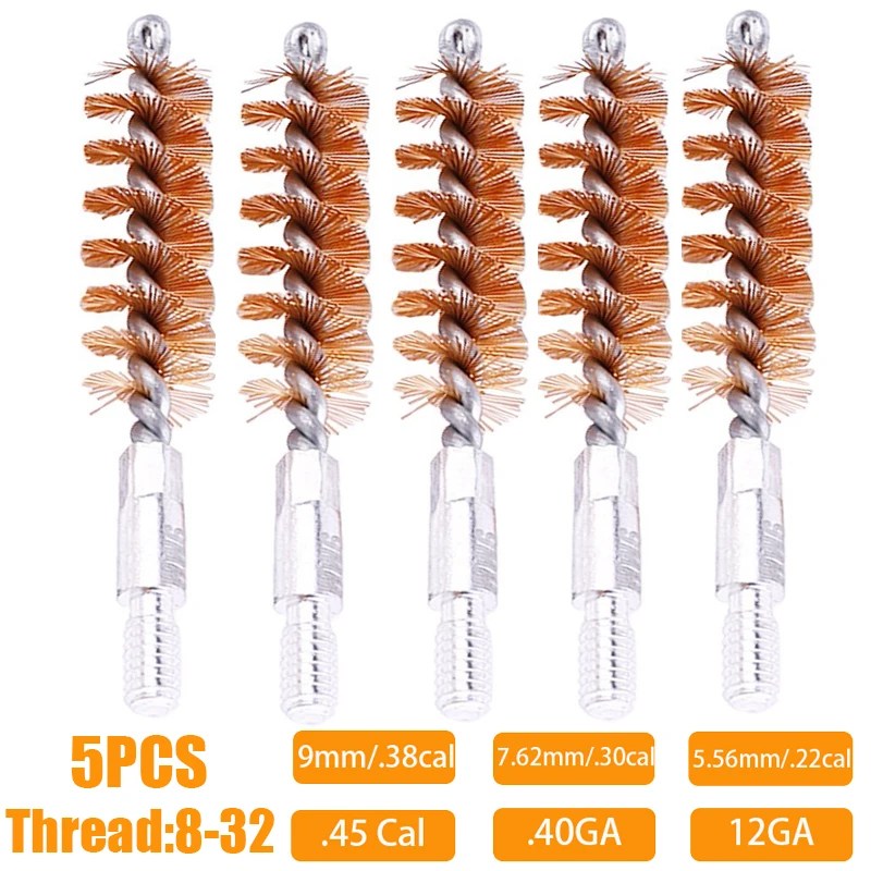 Kit de cabezal de cepillo de limpieza de pistola, 5 uds., 9mm, 5,56mm, 7,62mm, 45Cal, 40Cal, 12GA, cepillos de limpieza de bronce para armas, Rifle, herramienta de limpieza de pistola