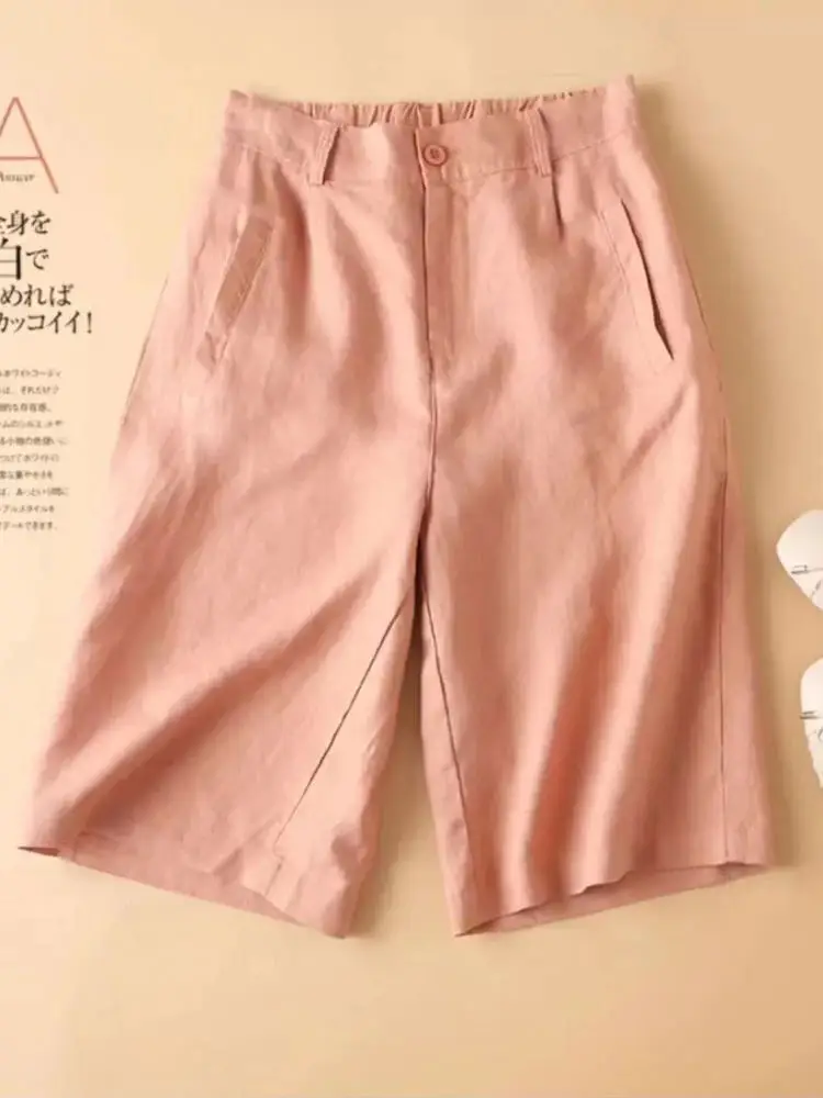 Hoge taille KATOEN Linnen damesshorts Los Casual Effen Dames zomershorts Basic Zwart Koffie Semi-elastische taille shorts
