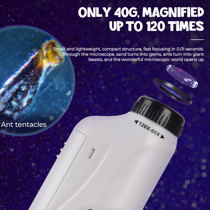 Pocket Microscope Kids Science Toy Kit 60-120x Educational Mini Handheld Microscope with LED Light Outdoor Children Stem Toy