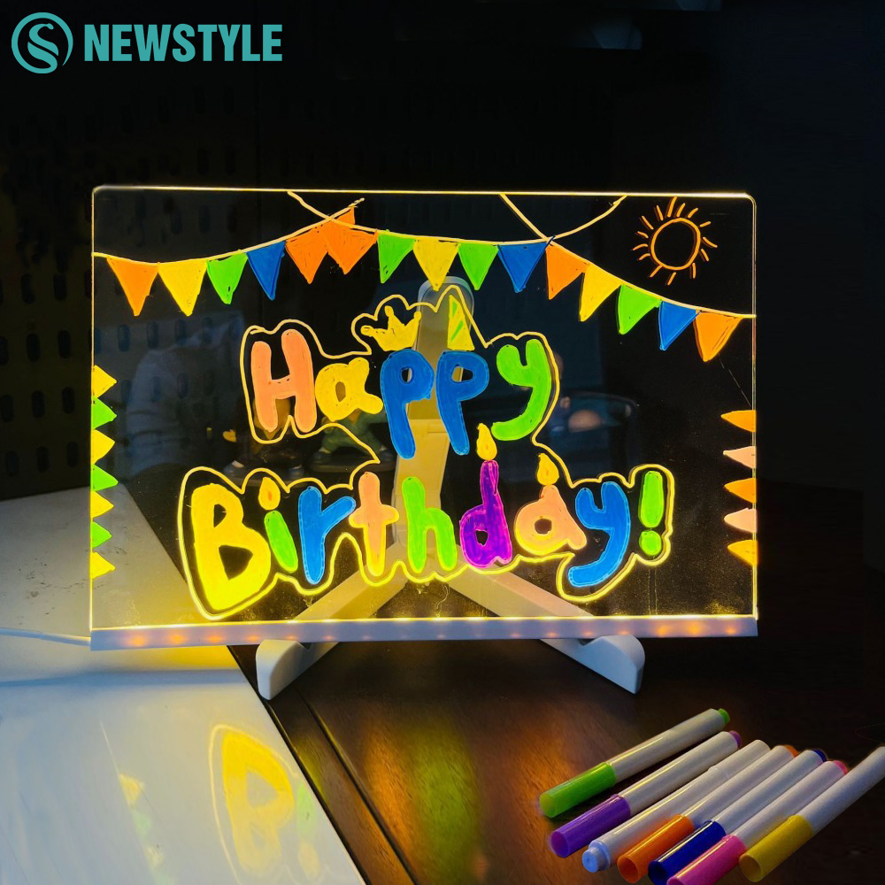 Tableau de notes LED veilleuse avec stylo 7 couleurs, planche à dessin en acrylique éclairée, marqueur de messages lumineux pour le bureau, l'école et la maison