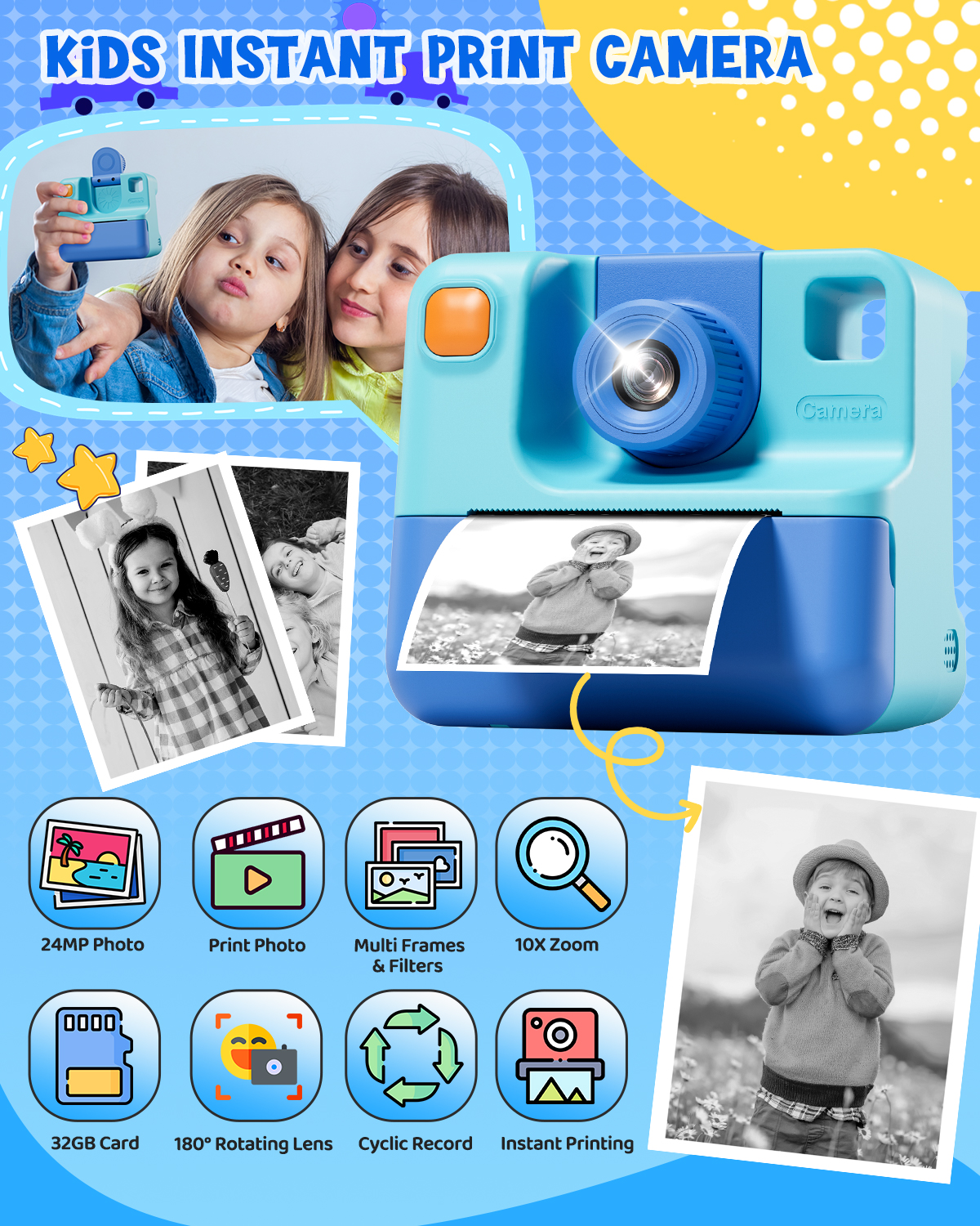 Gofunly Appareil photo numérique pour enfants Jouet 1080P HD Caméra à impression instantanée 180 °   Cadeau de caméra Len Rotation pour filles et garçons