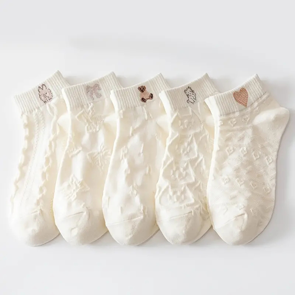 5 Paar süße kurze Socken für Damen mit Cartoon-Muster, rein, hochwertig, dünn, für Sommer und Herbst, atmungsaktiv, bequem, kurze Socken für Mädchen