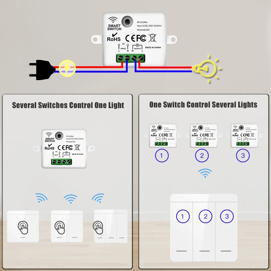 Smart Wall Switch for Led Lighting RF 433Mhz Wireless Switch Remote Control Interruptor Module 10A 100-240V 86mm 1/2/3 Gang