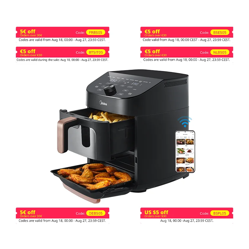 Gorące beztłuszczowa frytownica Midea, dwupoziomowy, nakładające się Airfryer, synchronizacja inteligentne WiFi z alexą, oszczędność miejsca w pionie 11L XL, maf002