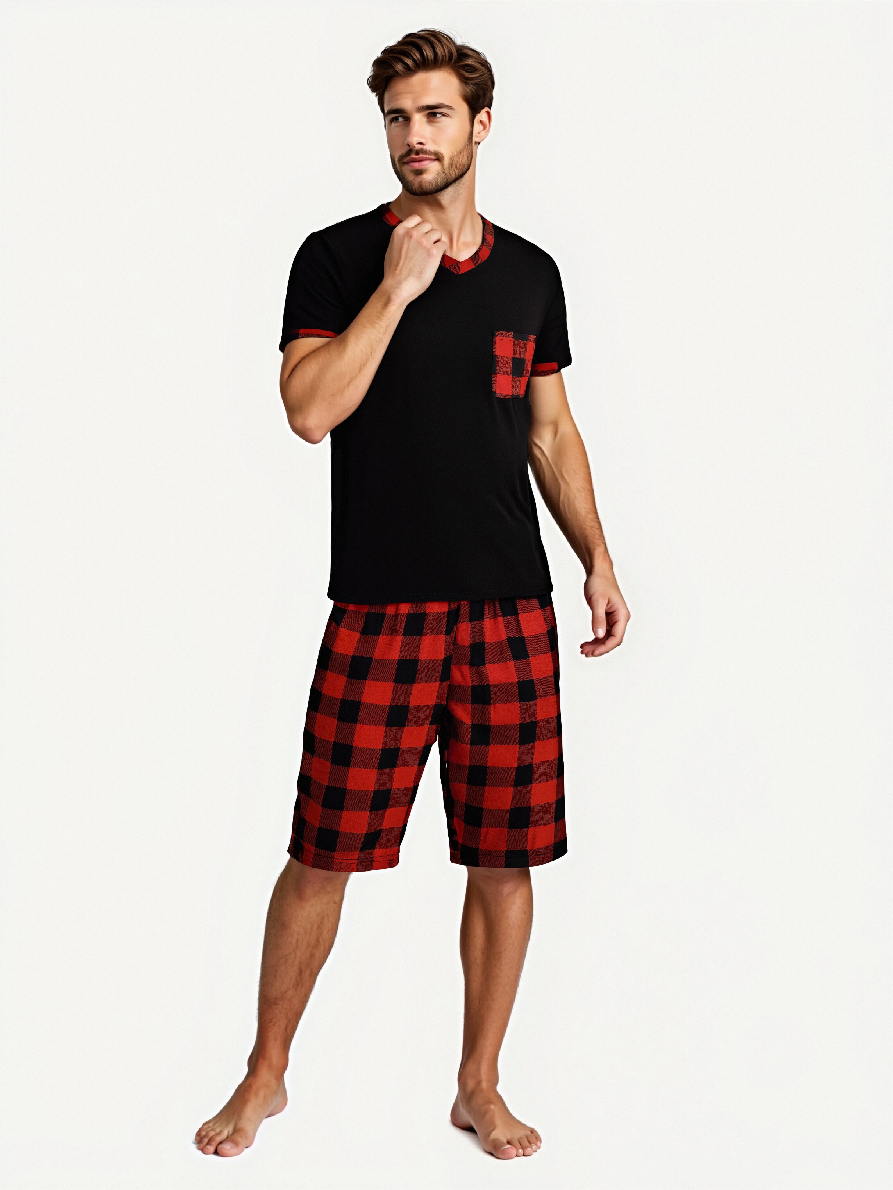 Conjuntos de pijama masculino manga curta xadrez pijamas para homem conjunto de pijama macio lounge pijamas calças pj com bolsos shorts com cordão camisas