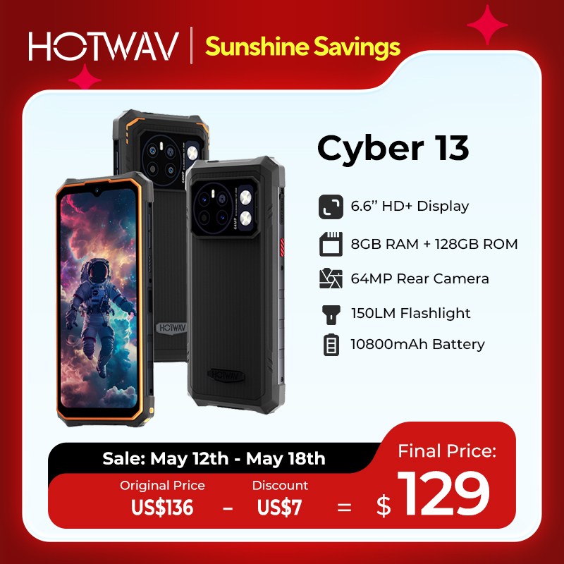 [World Premiere] HOTWAV Cyber 13 Rugged Phone 150LM Flashlight 8GB 128GB Smartphone 6.6'' HD+ 10800mAh 64MP Android 14 Cellphone