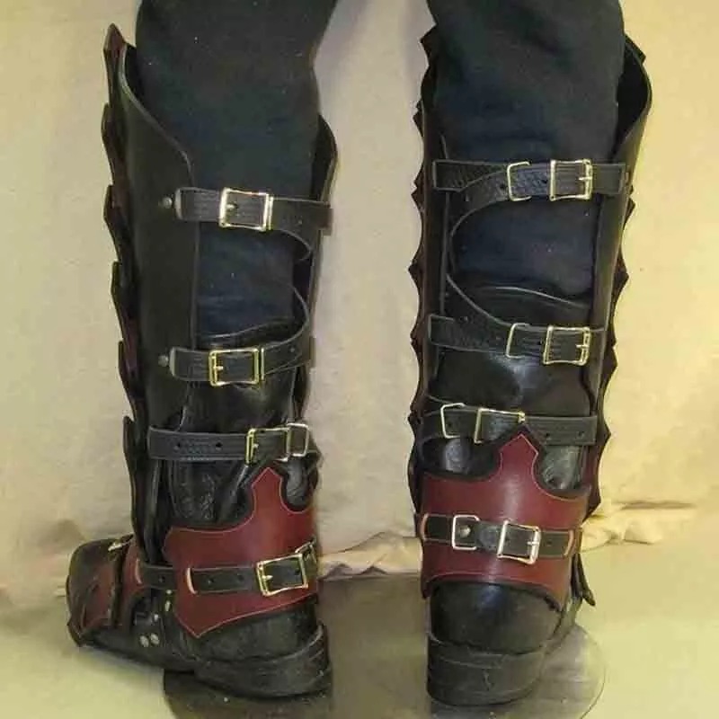 中世 Larp Pu レザー脚鎧ゴシックグリーブゲートルバイキング騎士衣装キットコスプレライダー靴ブーツカバー男性のための