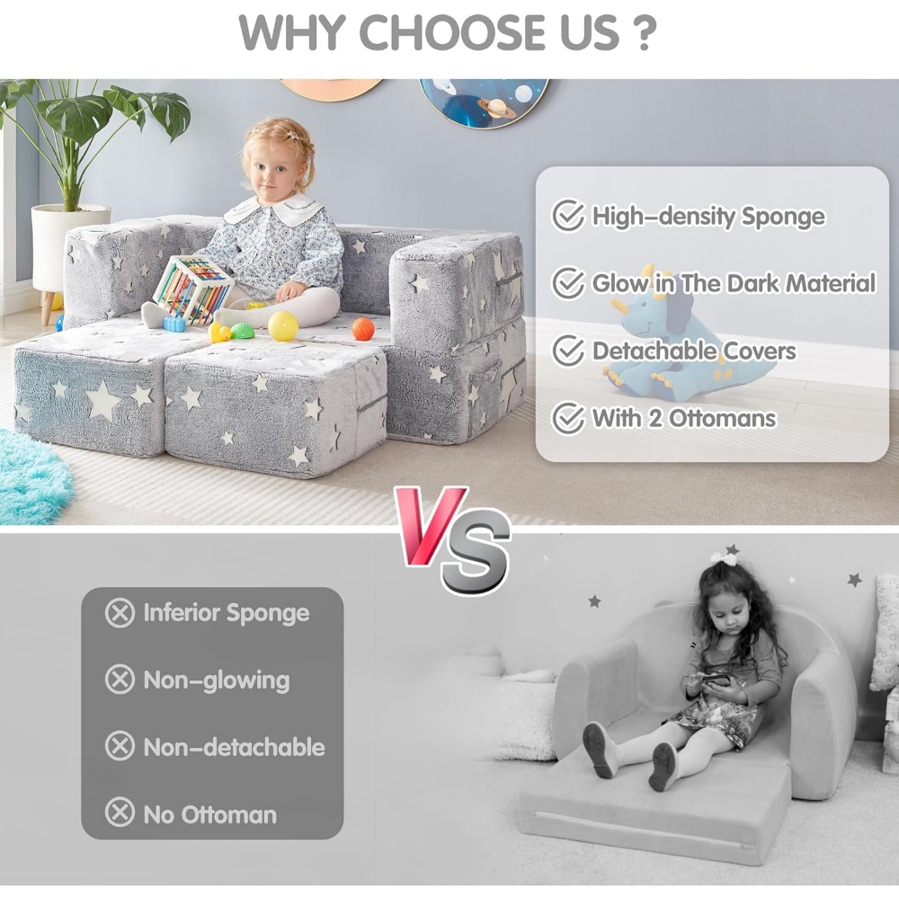 Kids Play Couch, Glow in The Dark Star Patterns Toddler Modular Sofa, Convertible Baby Fold Out Play Foam and Floor Cushion