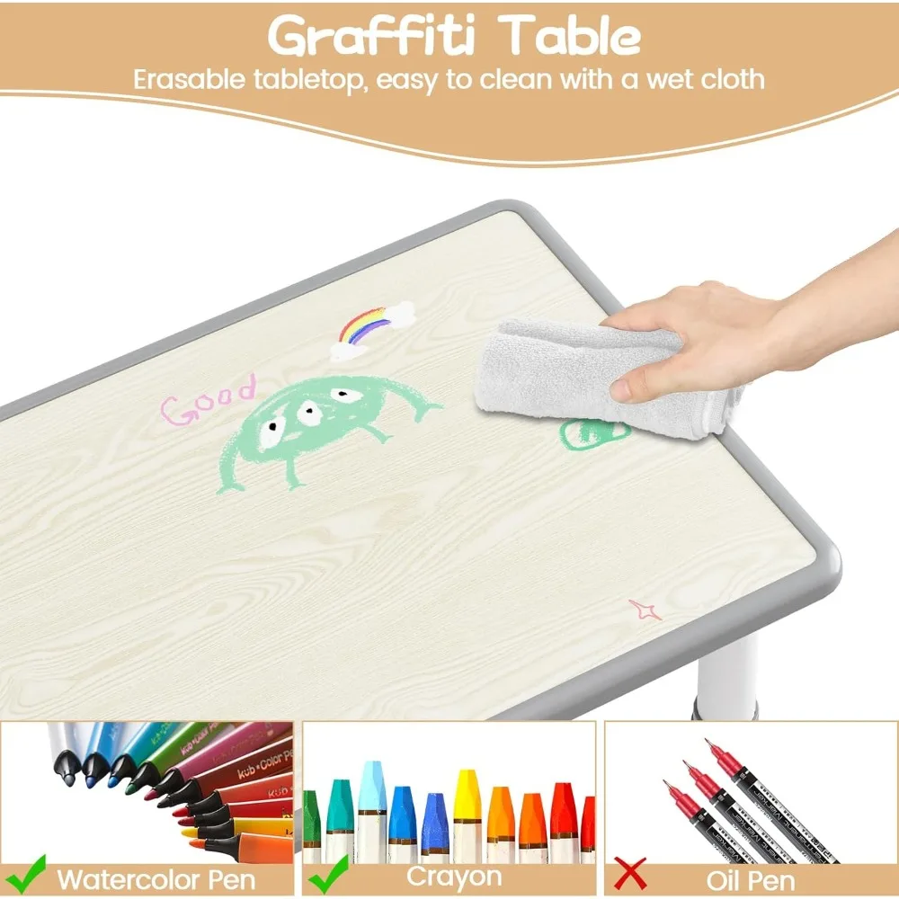 Kids Table and 6 Chairs Set, Height Adjustable Toddler Table and Chair Set, Graffiti Desktop,Children Study Table for 6 for Home