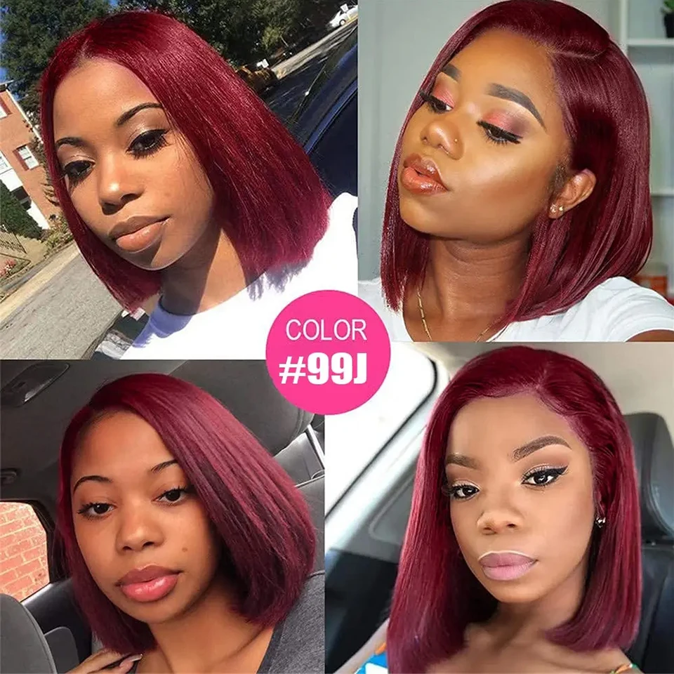 99j borgonha em linha reta bob perucas usar e ir perucas sem cola 13x4 frente do laço perucas de cabelo humano pré corte sem cola para mulher vermelho colorido