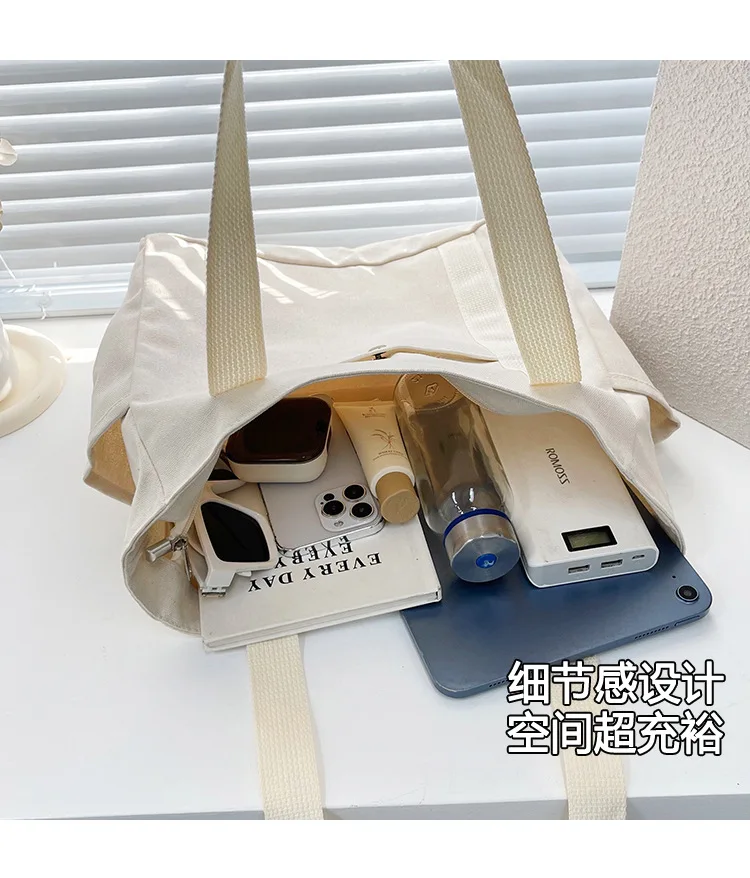 Canvas Women's Bag Large Capacity Multiple Outer Pocket Zipper Shoulder Bag Student Handbag Shopping