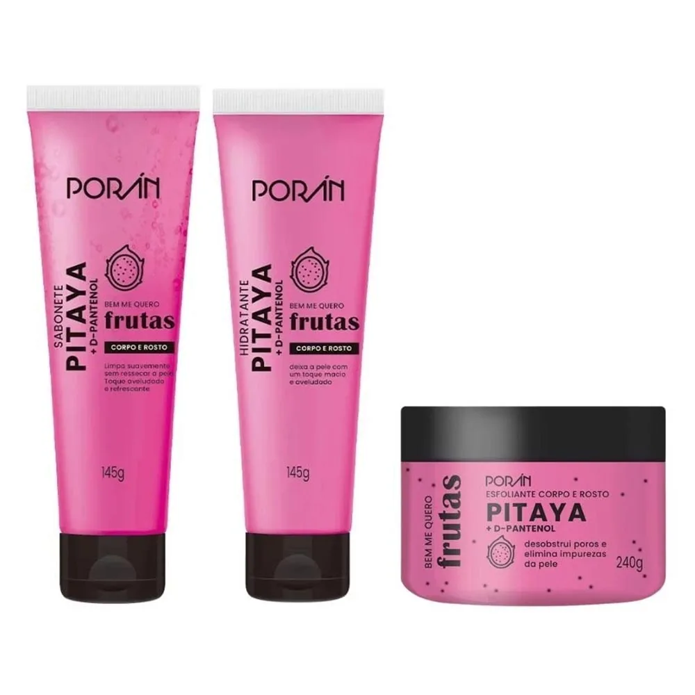 Kit c/ 3 Itens Esfoliante, Hidratante e Sabonete Corpo e Rosto Pitaya Porán