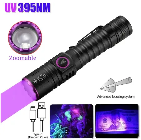 365/395nm UV Flashlight Zoom Type-C USB Rechargeable Black Light For Identification,Pet Urine Detection,Scorpion With Battery
