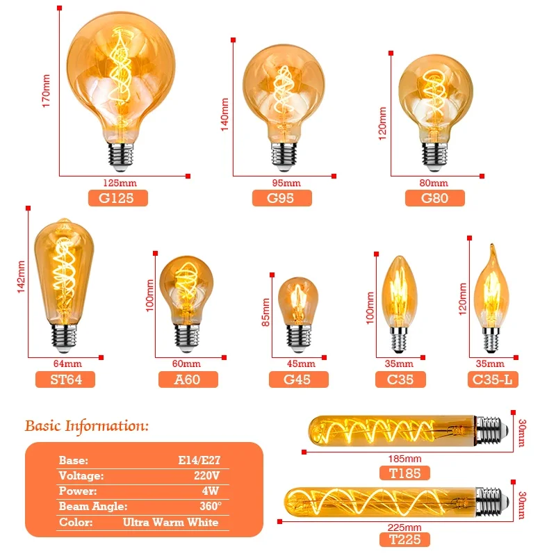 1-10pcs E27 E14 Retro Edison LED Filament Bulb AC 220V Spiral Light C35 G45 A60 ST64 G80 G95 G125 Glass Bulb Retro Candle Lamp