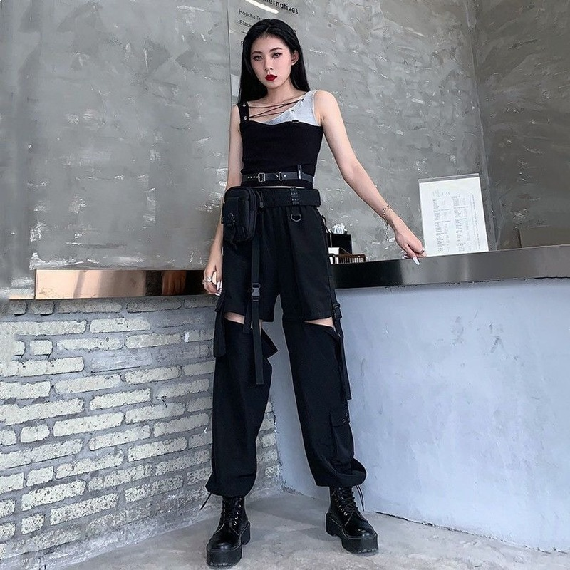 한국어 분리형 Y2k 바지 캐주얼 루즈 솔리드 하이 웨이스트 패치 워크 Hollow Out Pantalones 2022 Draw String 펑크 와이드 레그 팬츠