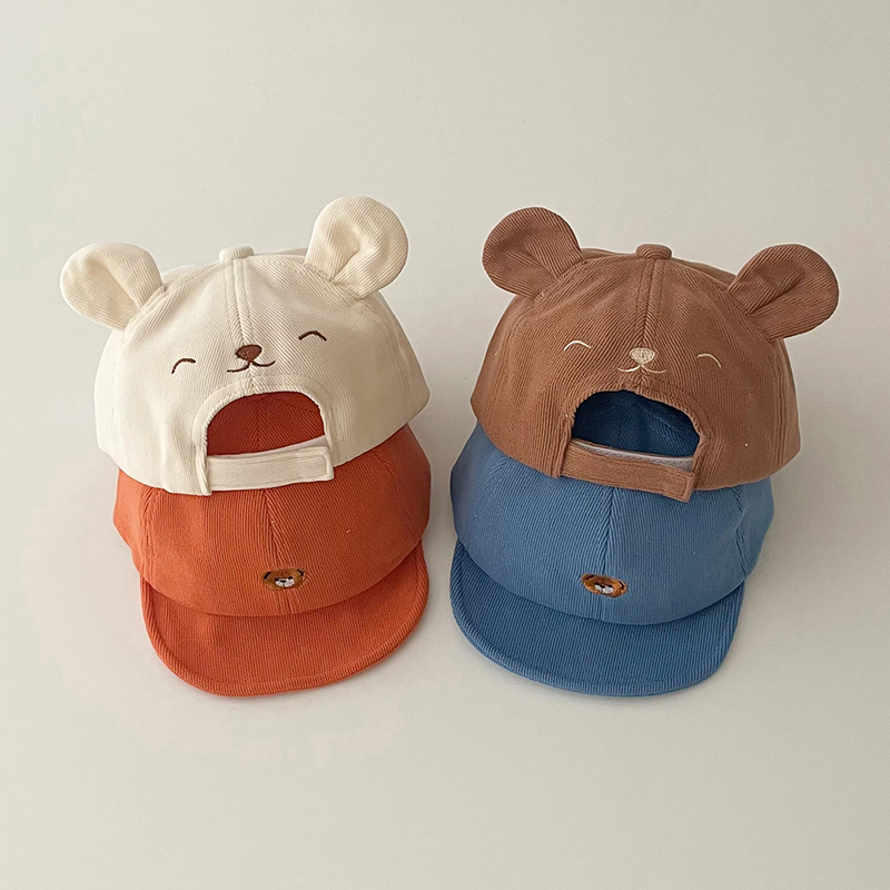 การ์ตูนหมีเด็กเบสบอลหมวกหูน่ารักสีทึบทารก Peaked หมวก Kawaii ฤดูใบไม้ผลิฤดูร้อนเด็กหมวกผ้าฝ้าย