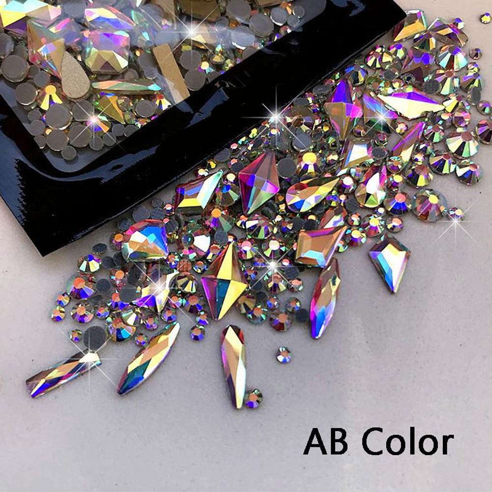 180pcs AB Flatback Glass Nail Art Rhinestones Multi-shape Mixed Diamond Gems Blue Purple Crystal Stones For DIY Nail Decoration