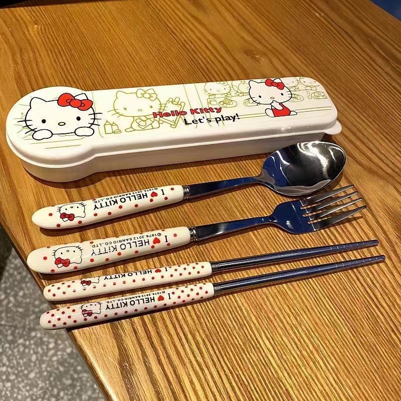 Sanrio Anime Hello Kitty vajilla cuchara palillos tenedor vajilla de acero inoxidable juego estudiantes van a trabajar vajilla portátil