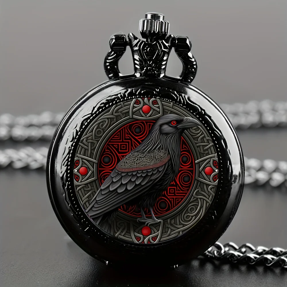 Gothic Design Black Raven Pocket Watch With Necklace Alloy Case & Band,Quartz Movement, Non-Waterproof Watch for Men Women Kids