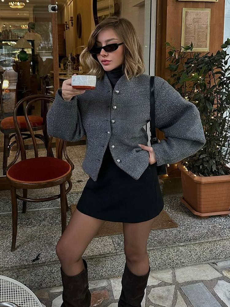 Retro kontrastowa nieregularna kurtka damska z okrągłym dekoltem moda na co dzień wyściełany na ramionach płaszcz z długimi rękawami 2025 wiosna Lady Streetwear