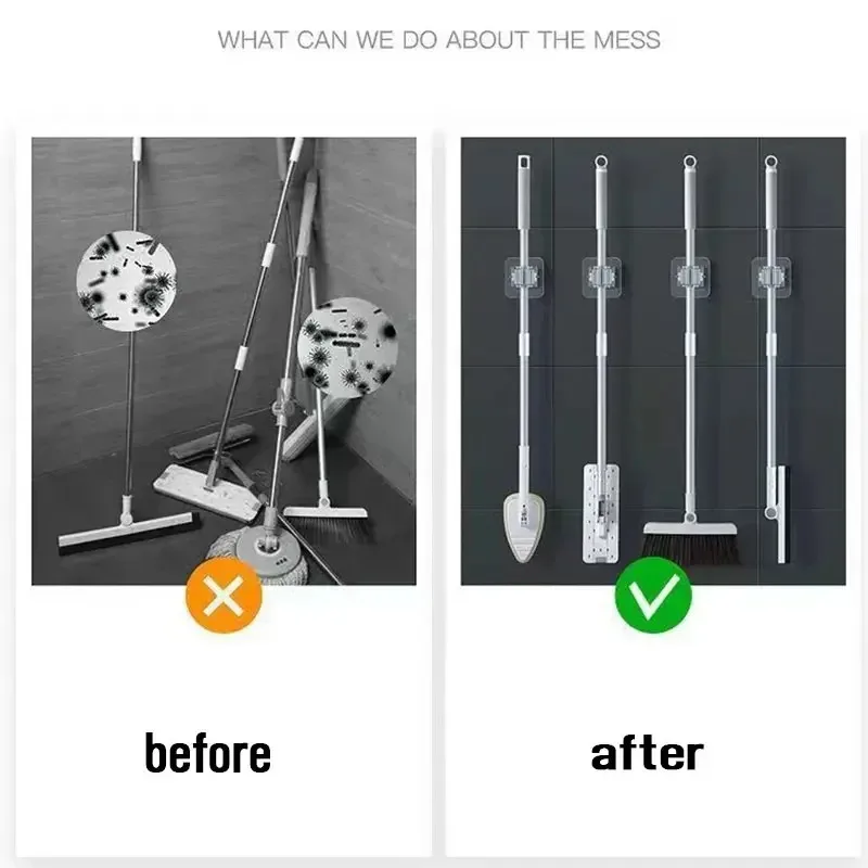 2/4 Uds. Estante para fregona sin perforaciones, gancho para fregona de almacenamiento, estante de pared para el baño del hogar, estante para escoba, Clip para fregona, accesorios de baño