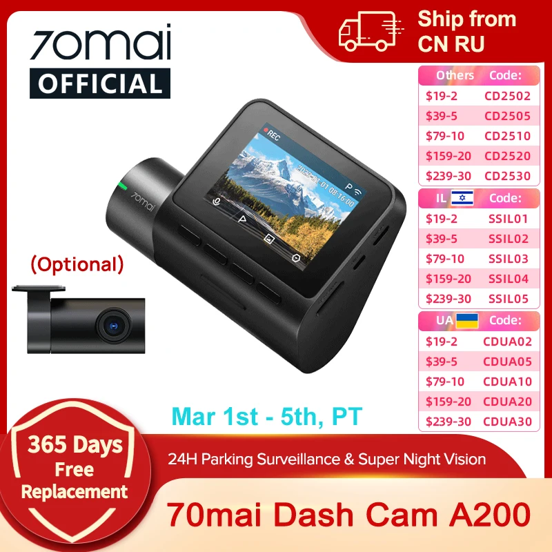 70mai Dash Cam A200 2 ''pantalla LCD 70mai A200 coche DVR1080P grabadora automática 24H soporte de estacionamiento 130 °   Grabación de doble canal FOV