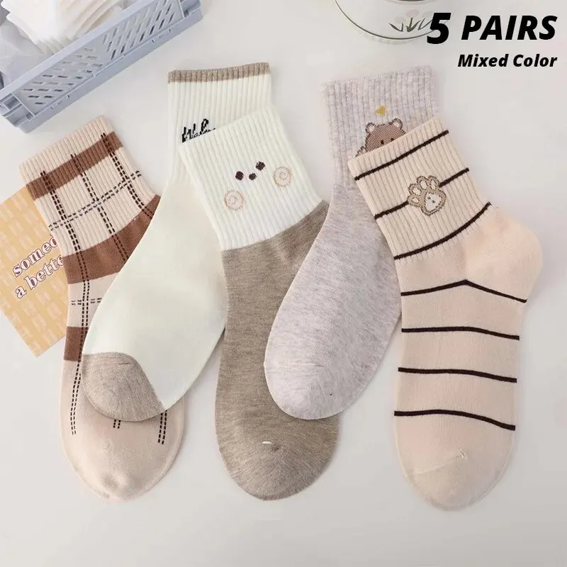 5 pares de calcetines de tubo medio para mujer Cartton Otoño Invierno transpirables cómodos calcetines deportivos absorbentes para el sudor