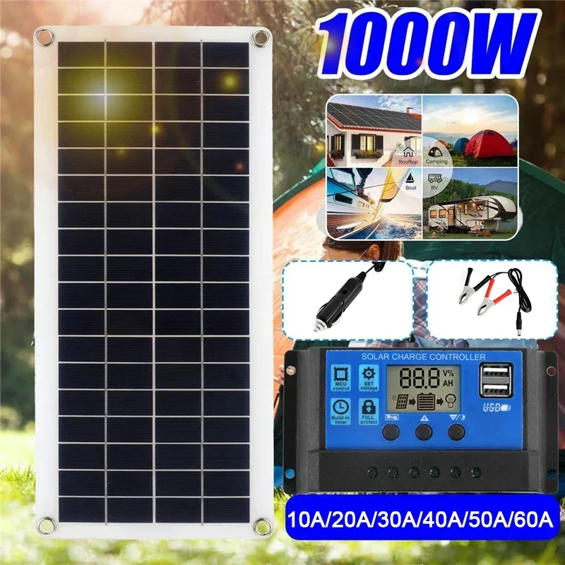 Painel solar de 1000w, célula solar de 12v com controlador de 60a 100a, carga solar para telefone, rv, carro, mp3, almofada, carregador, fonte de bateria externa