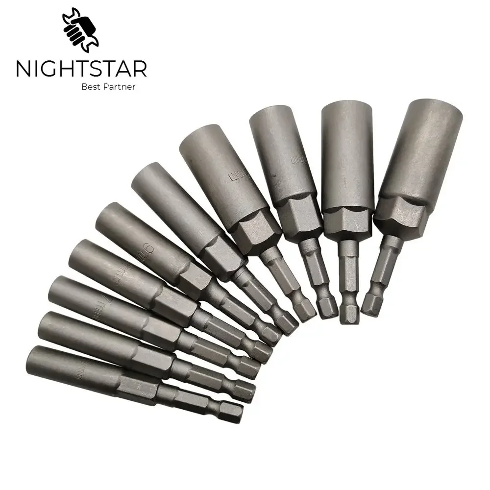 10 Chiếc 80Mm Chiều Dài Điện Công Suất Không Từ Tính Tuốt Nơ Vít Đai Ốc Lái Xe Bộ Tác Động 1/4 "Chuôi Lục Giác Hệ Mét Cờ Lê Ổ Cắm Bit 5.5-14Mm