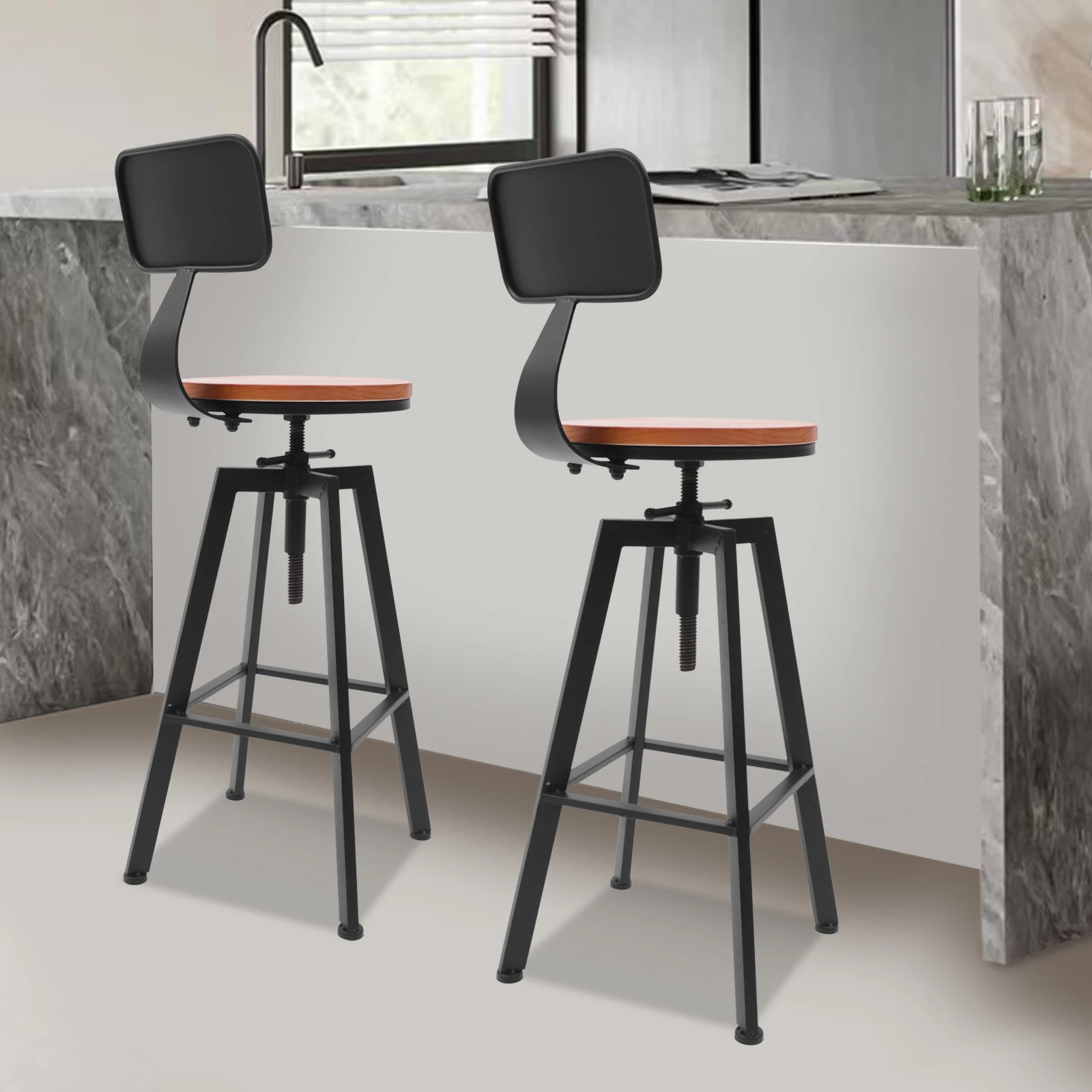 2* Barhocker, höhenverstellbar, starke Struktur, freistehend, hochwertiges Material, Holz und Eisen, bequemer Sitz, Schwarz