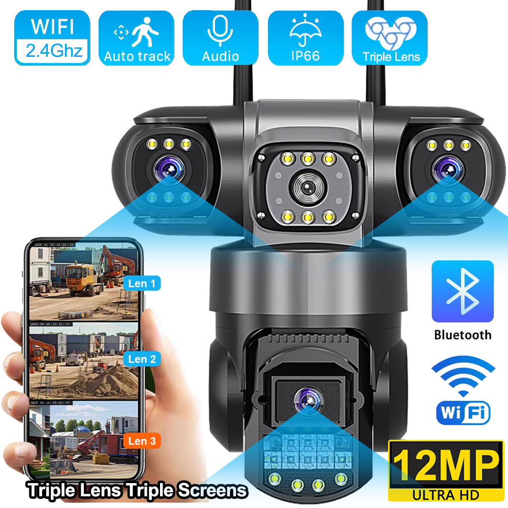 V380 Pro WiFi IP Camera Outdoor 12MP 6K Triple Lenses Triple Screens Security Video Monitor Night Vision Waterproof CCTV Cameras